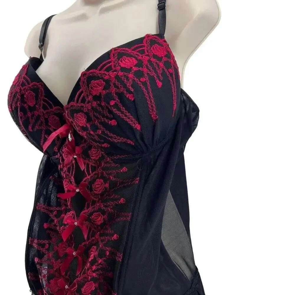 Just Sexy Lingerie Sheer Black Red Lace Lingerie Bustier Womens Size 3X